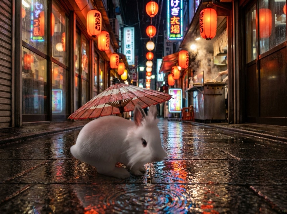Morty at Lantern Alley in the Rain